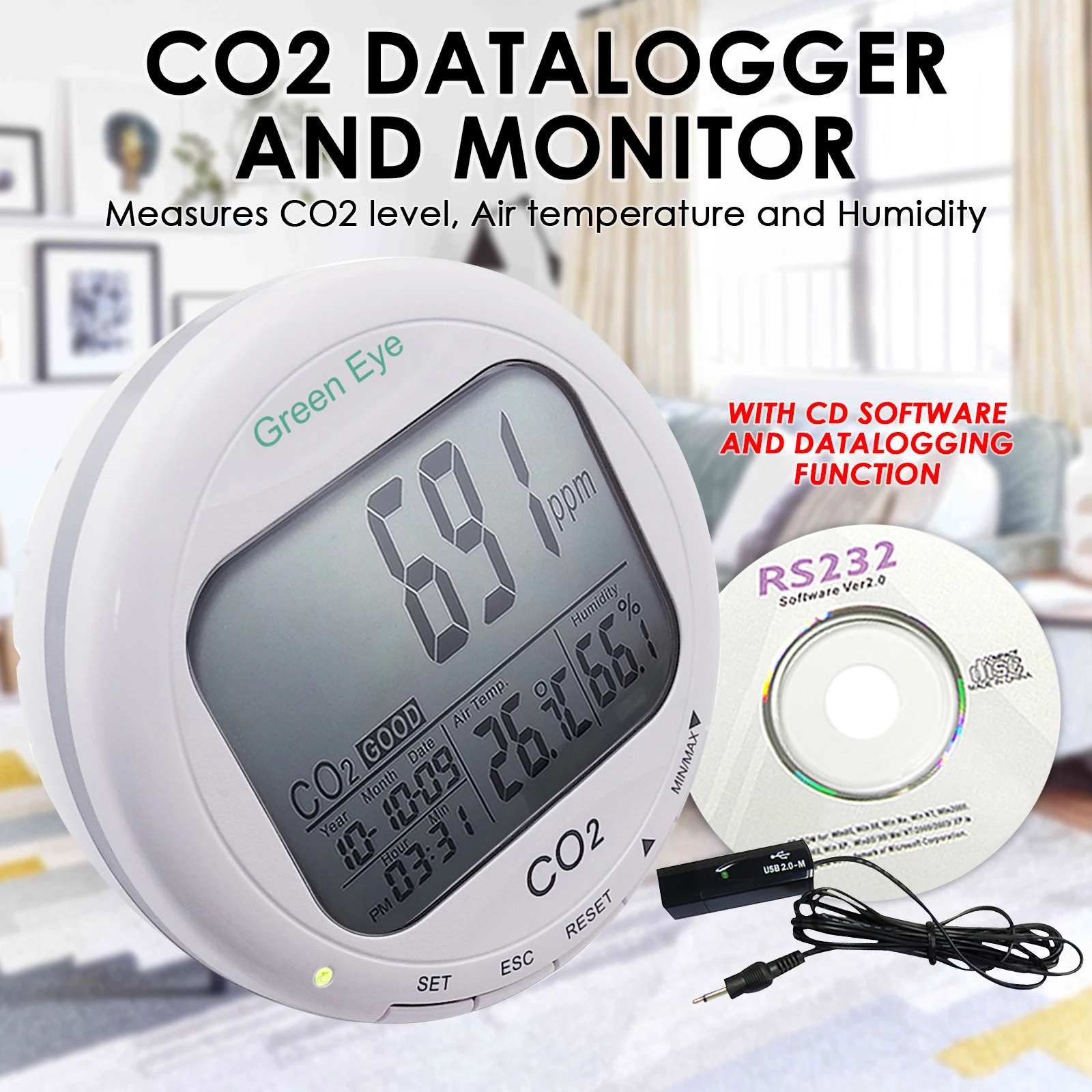 CO2 Monitor Meter Indoor Air Quality IAQ Tester 0~9999ppm Carbon Dioxide Desktop Datalogger
CO2 Monitor Meter Indoor Air Quality IAQ Tester 0~9999ppm Carbon Dioxide Desktop Datalogger
