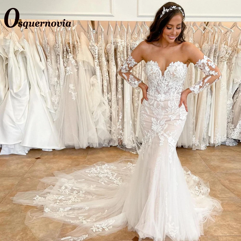 

Osquernovia Exquisite Wedding Dress For Women Sweetheart Trumpet Appliques Detachable Sleeves Backless Illusion Vestido De Noiva