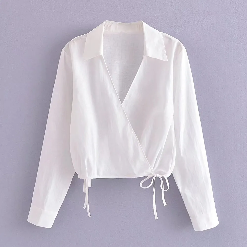 PB&ZA summer new women's fashion all-match white lapel long-sleeved linen blend bow loose short shirt 7662/708
PB&ZA summer new women's fashion all-match white lapel long-sleeved linen blend bow loose short shirt 7662/708