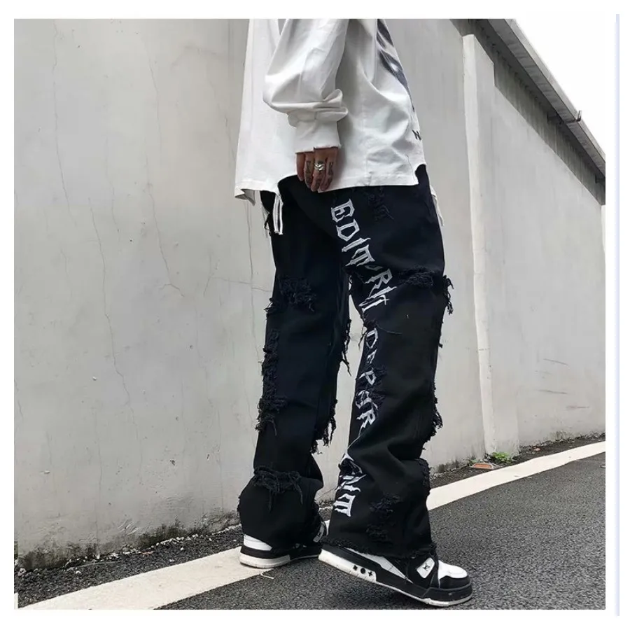 

Ripped Jeans Hip Hop Man Pants 2022 Trends Clothes Letter Y2k Print Men's Streetwear Women's Flare Goth Harajuku Baggy Trendyol