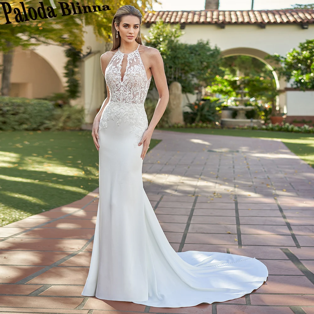 Paloda Generous Halter Button Wedding Dresses For Bride Backless Trumpet Satin Sleeveless Court Train Appliques Robe De Mariée
Paloda Generous Halter Button Wedding Dresses For Bride Backless Trumpet Satin Sleeveless Court Train Appliques Robe De Mariée
