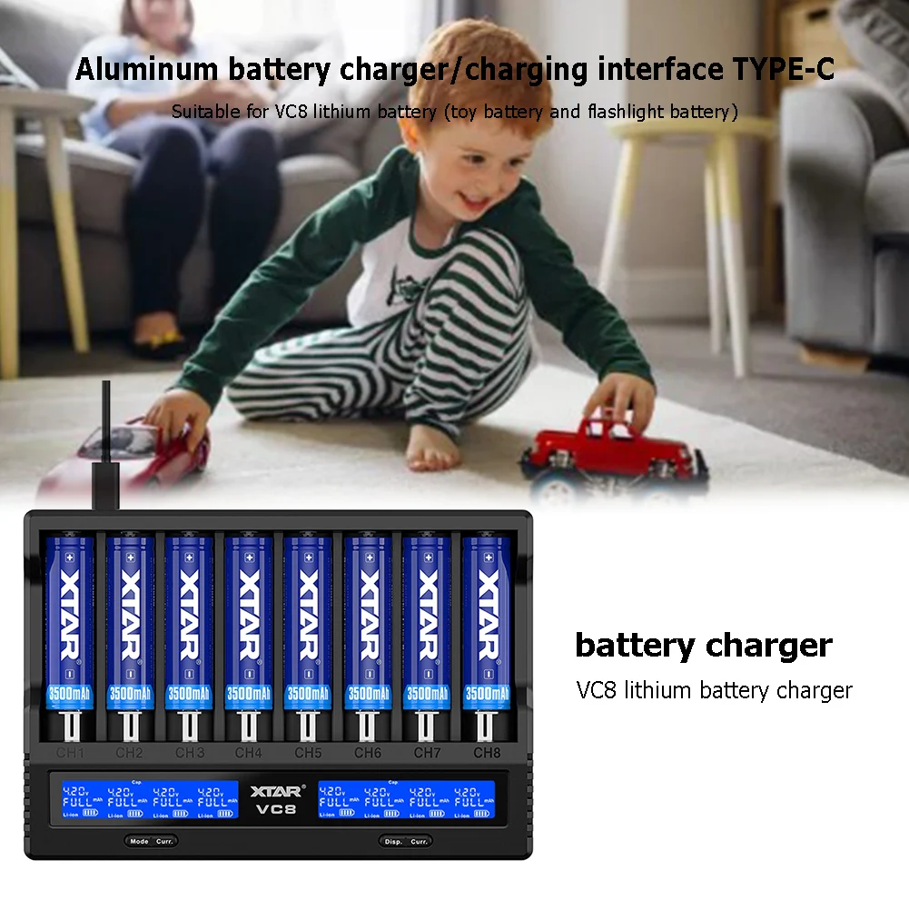 

Energy Block VC8 LCD Display Battery Charger for 18650 21700 Lithium AA AAA NiMH NiCd Battery 8 Bay Smart Intelligent Charger