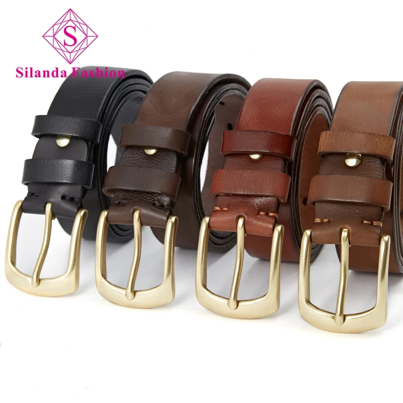 

Silanda Fashion Men's Black First Layer Cowhide Copper Pin Buckle Belts Trendy Boy's Genuine Leather Leisure Casual Waist Band