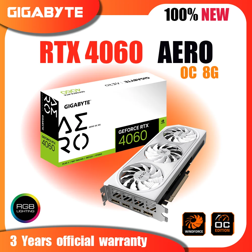 

New GIGABYTE RTX 4060 AERO OC 8G RGB Video Cards GDDR6 8GB GPU NVIDIA RTX 4060 Graphics Cards PCIE 4.0 128bit