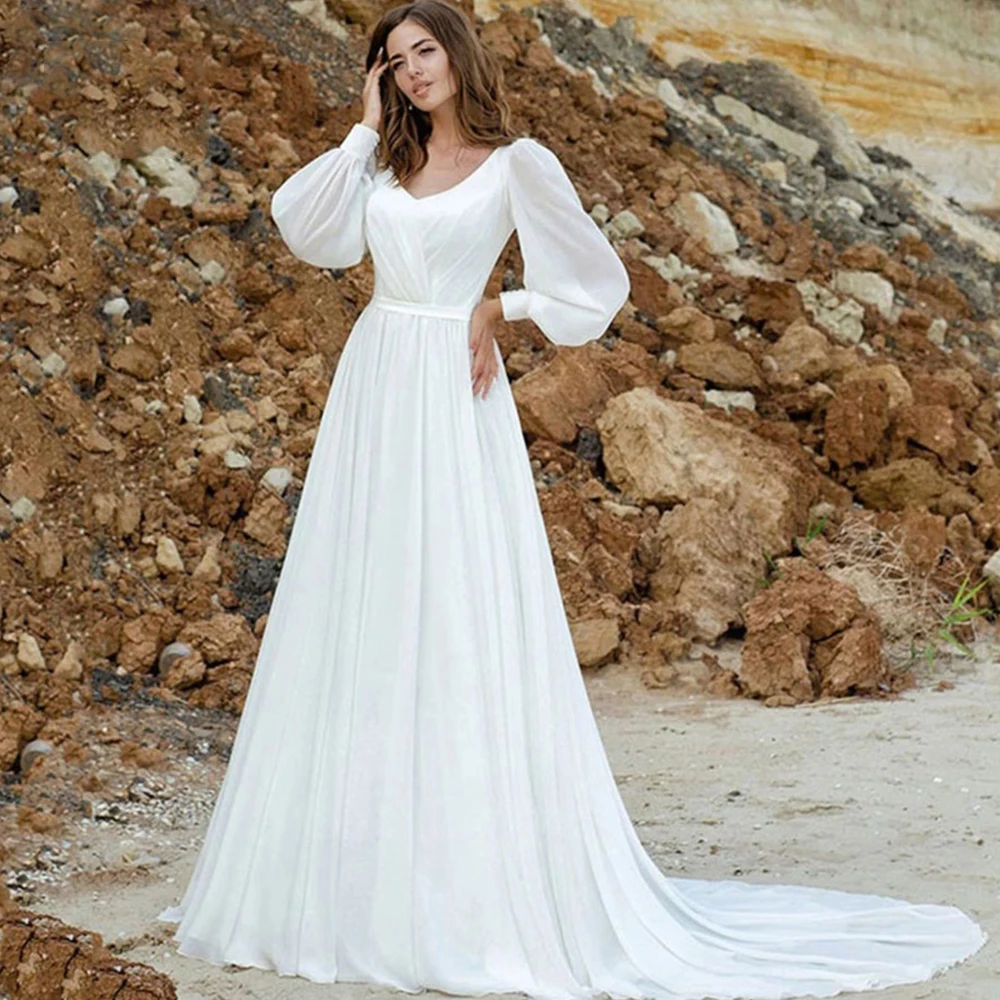 Weilinsha Lace Up Back Chiffon Wedding Dress with Long Puff Sleeves and Pleats Ladies Court Train V Neck Beach Bridal Gowns 2023
Weilinsha Lace Up Back Chiffon Wedding Dress with Long Puff Sleeves and Pleats Ladies Court Train V Neck Beach Bridal Gowns 2023