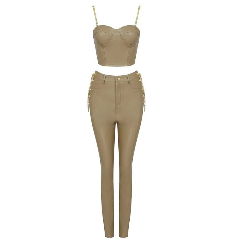 Leather Bandage Bodycon Sexy for Women Summer Clothing Sleeve Top Pant Suits Backless Two Piece Set
Leather Bandage Bodycon Sexy for Women Summer Clothing Sleeve Top Pant Suits Backless Two Piece Set