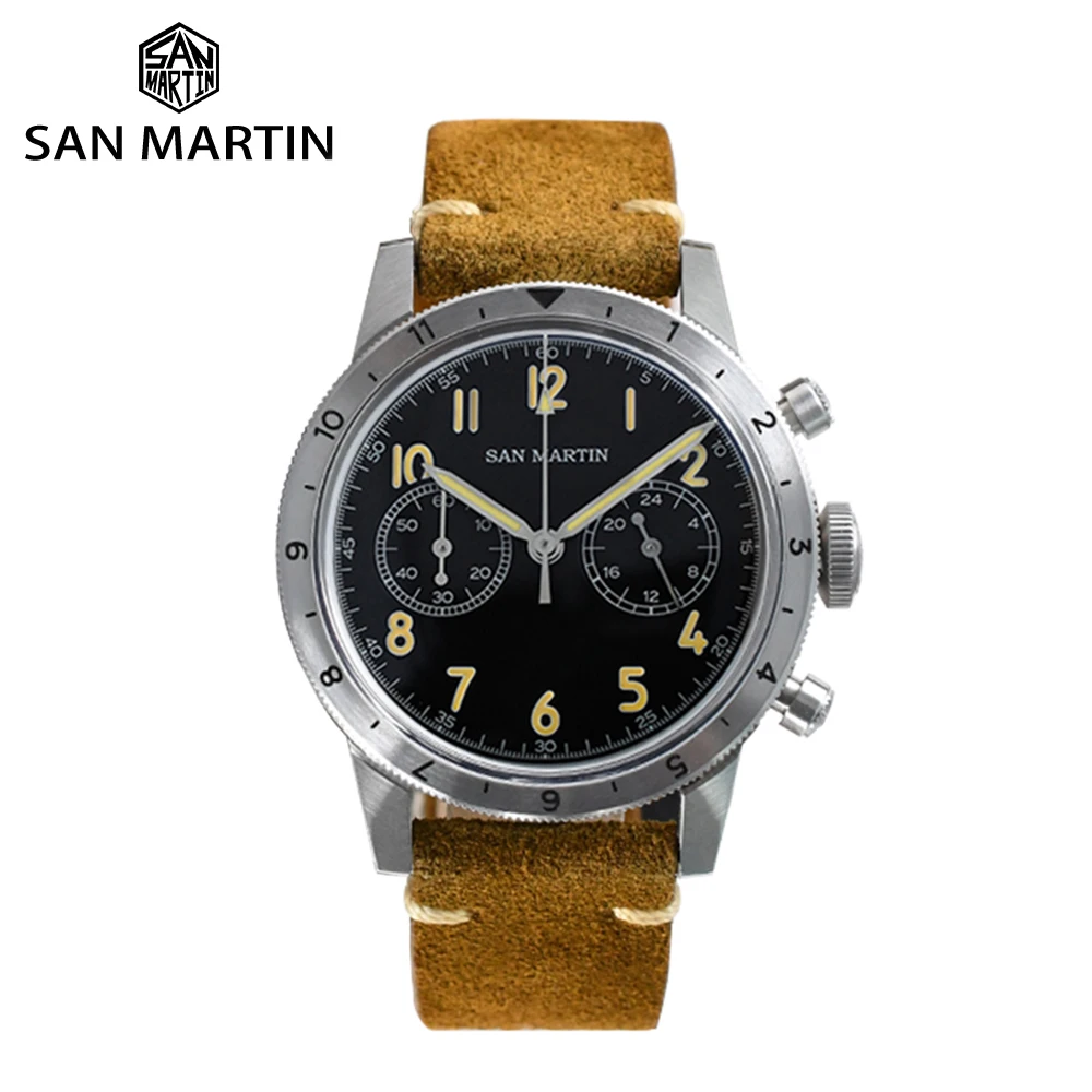 

San Martin Vintage Men Watch Military Style VK64 Black Pilot Chronograph Quartz Watches 0Click Bezel Retro Luminous 10Bar SN0127