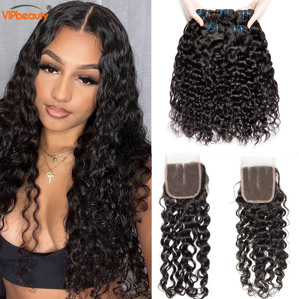 

10A Water Wave Bundles With Frontal Wet and Wavy Remy Virgin Curly Loose Deep 100% Human Hair Bundles With Closure Peruvian Hair