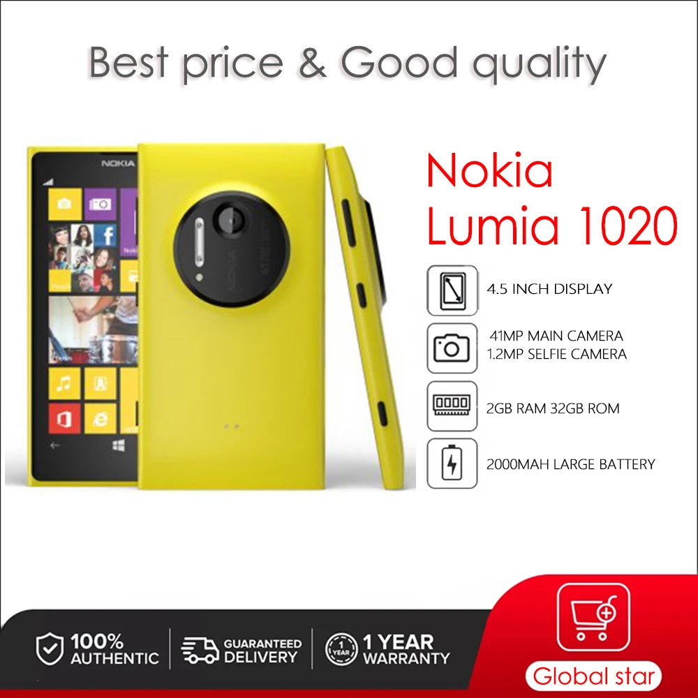 

Nokia Lumia 1020 Original Unlocked Windows Mobile Phone 4.5 inches 2000mAh 41MP 2GB RAM 32GB ROM 3G High Quality Cellphone