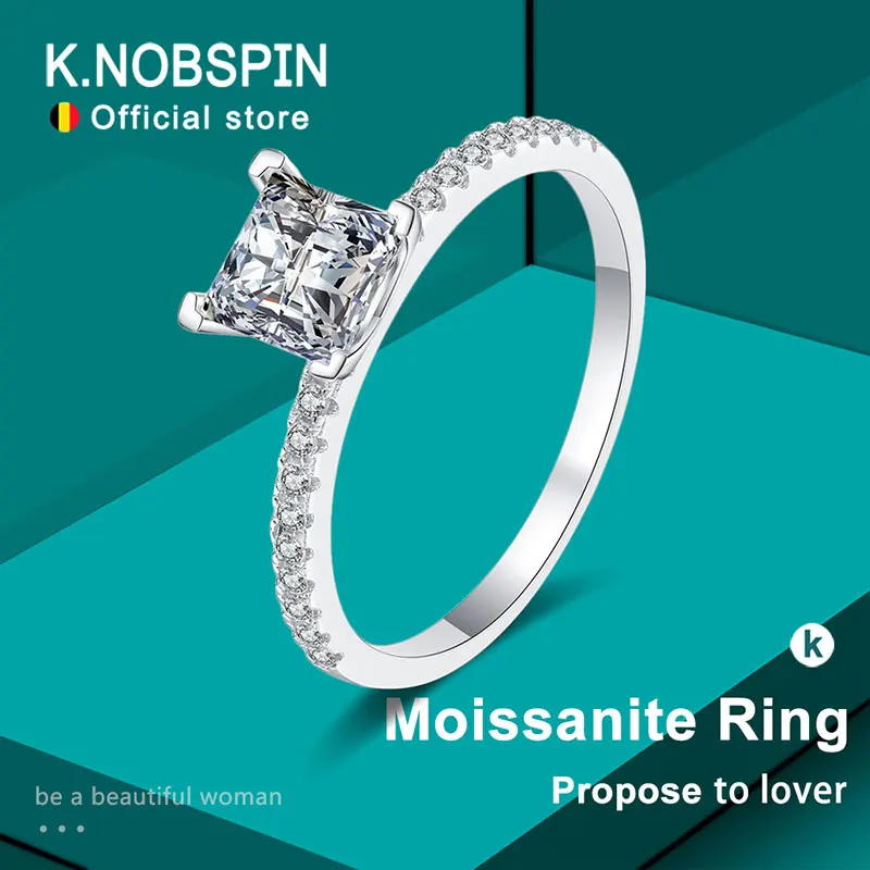 

KNOBSPIN 1ct Princess Cut Moissanite Rings For Women Wedding Fine Jewely with GRA 925 Sterling Sliver Plated 18k White Gold Ring