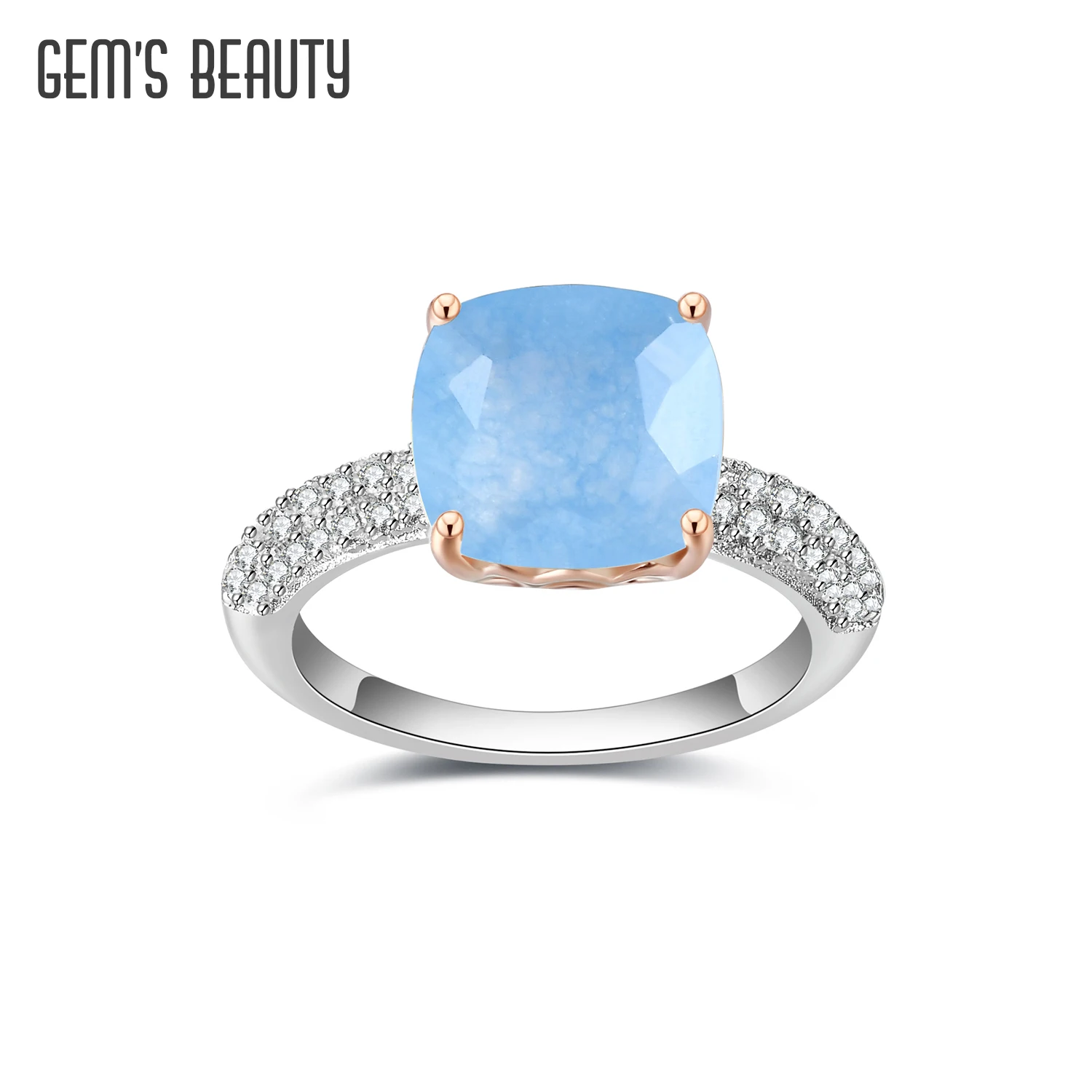 

GEM'S BEAUTY Natural Aqua-blue Quartz Ring Real 925 Sterling Silver Cocktail Ring Hand Inlaid Fine Jewelry for Woman