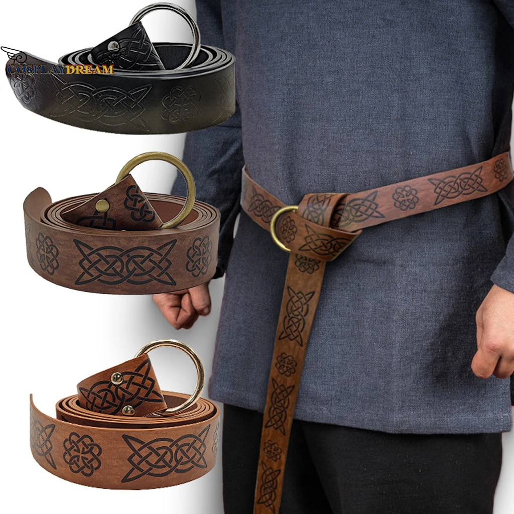 

New Medieval Embossed Viking Vegvisir PU Leather O Ring Belt Retro Renaissance Knight Buckles Belt Leather Waistband for Men