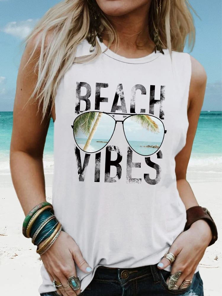 

Funny Beach Vibes Tanks Women Cute Sunglasses Graphic Tank Top Summer Vest Vacation Beach Trip White Camis Tops 2023 New