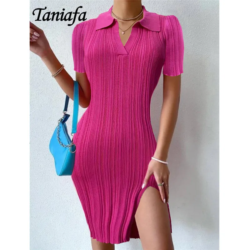 Women Short Sleeve Lapel V-neck Sexy Slit Knitted Sweater Dress Fashion Ladies Casual Bodycon Dresses
Women Short Sleeve Lapel V-neck Sexy Slit Knitted Sweater Dress Fashion Ladies Casual Bodycon Dresses