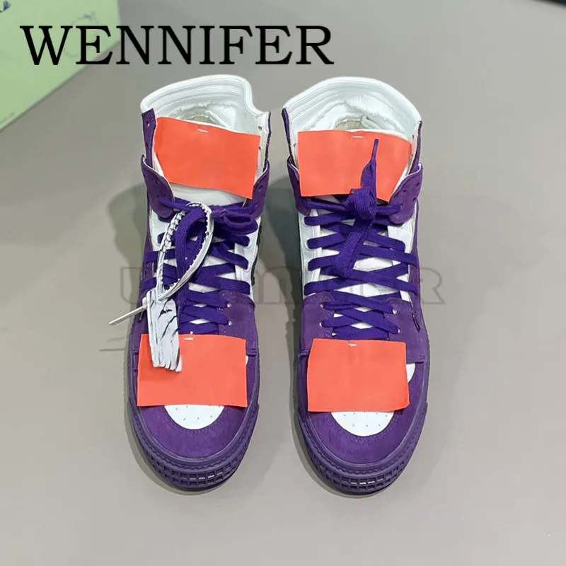 

Purple Suede Patches High Top Sneakers Round Toe Arrows Motif Lace-up Perforated Shoes Women Running Ridged Ankle-length Sneaker