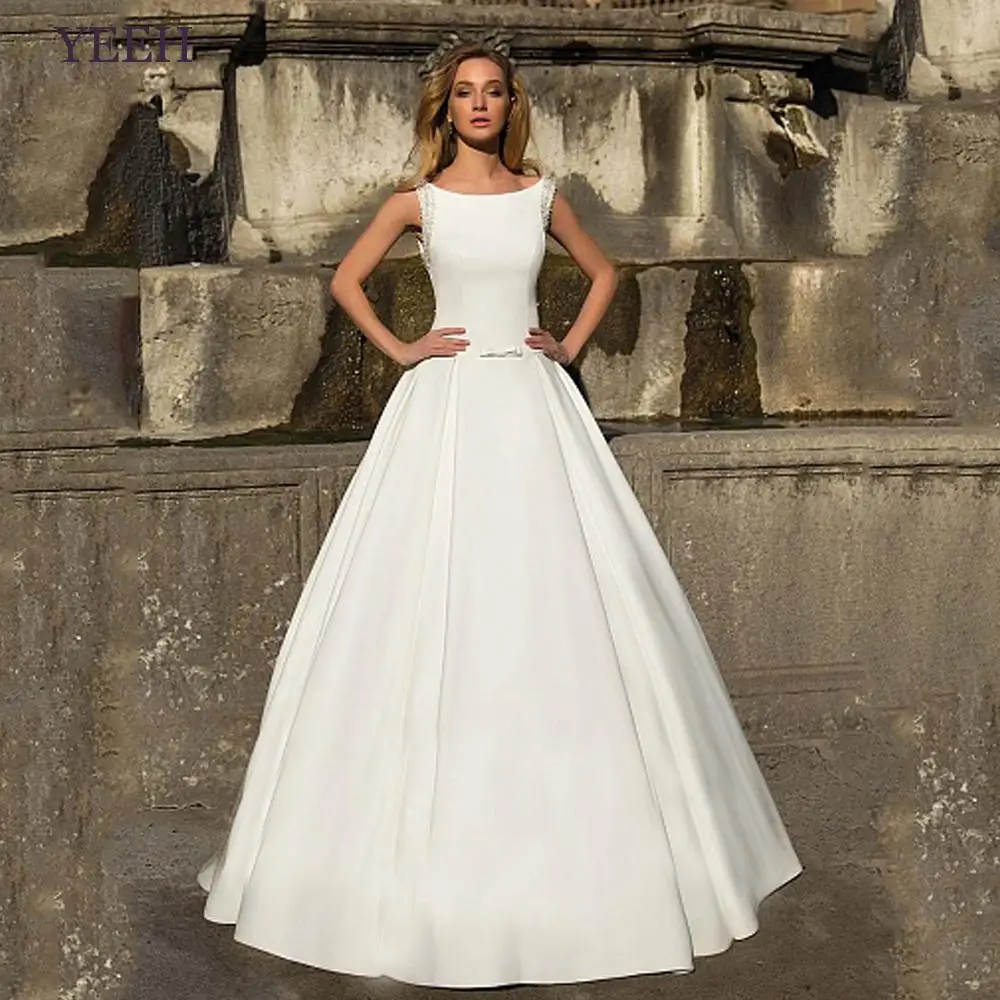 

YEEH Simple Stain Ball Gown For Bride O-Neck Sleeveless Pleat Elegant Wedding Dresses Backless Sweep Train Vestido De Novia