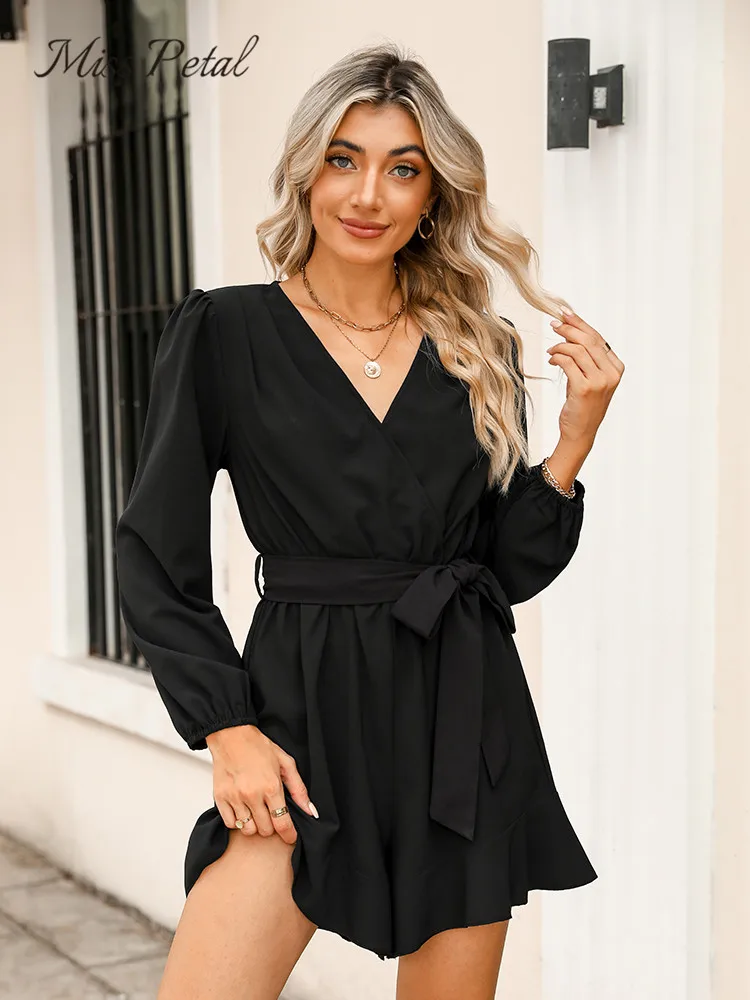 

Black Belted Flounce Romper For Women Casual V-neck Long Sleeve Short Playsuit 2023 Spring Autumn Bodysuit Jumpsuit