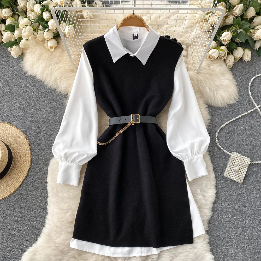 Clothland Women Elegant Two Piece Set Dress Long Sleeve White Top Knitting Vest Belt Vintage Mini Dresses Vestido TZ692
Clothland Women Elegant Two Piece Set Dress Long Sleeve White Top Knitting Vest Belt Vintage Mini Dresses Vestido TZ692