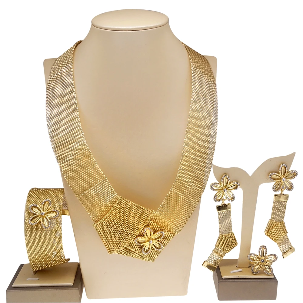 

Dubai Gold Colour Jewelry Sets For Women Plated 24k Original Simple Cutout Big Necklace Brazilian Style Party Free Shipping