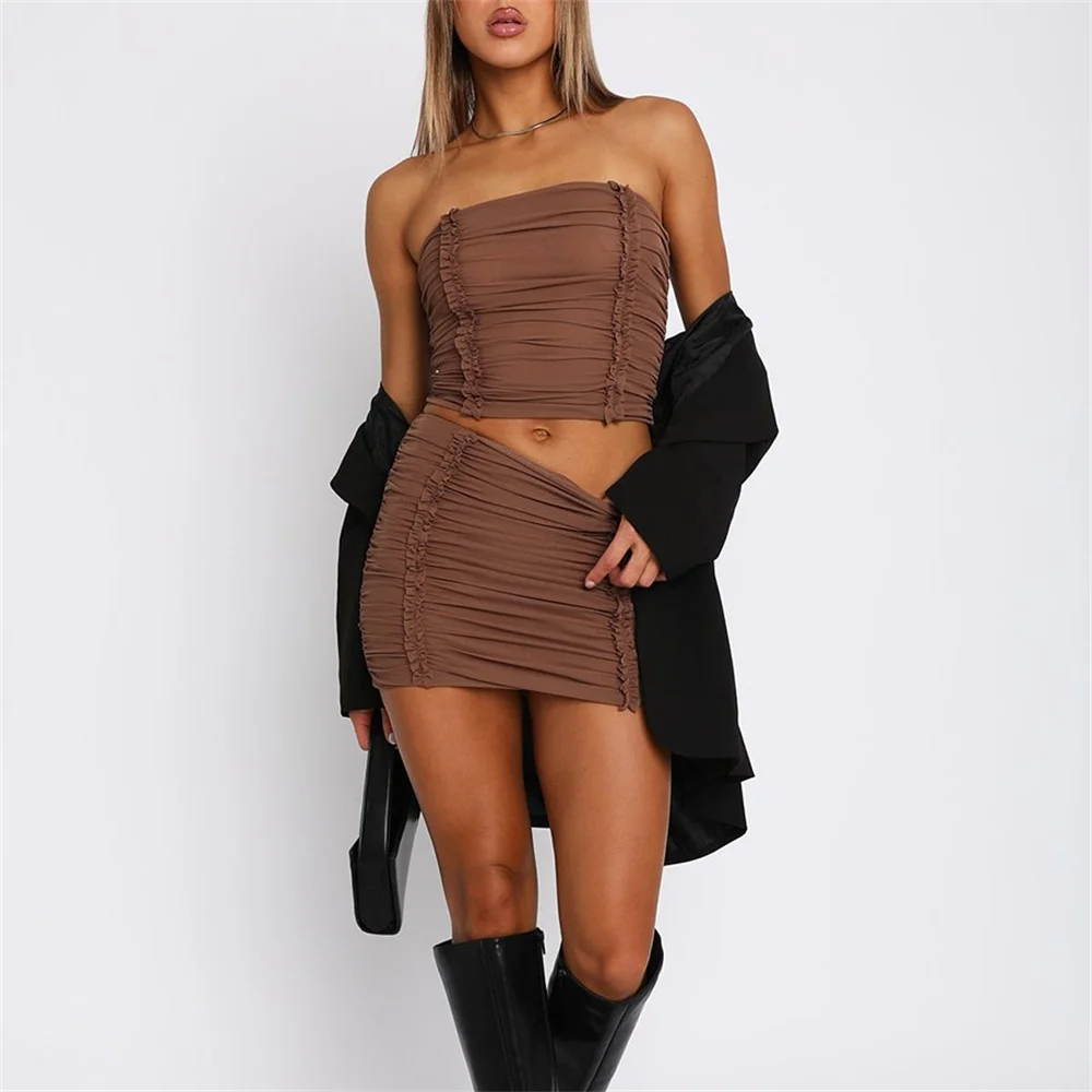 Women's 2 Piece Summer Bodycone Outfits Fashion Strapless Frill Trim Ruched Tube Tops Pleated Mini Skirt Set Clubwear
Women's 2 Piece Summer Bodycone Outfits Fashion Strapless Frill Trim Ruched Tube Tops Pleated Mini Skirt Set Clubwear