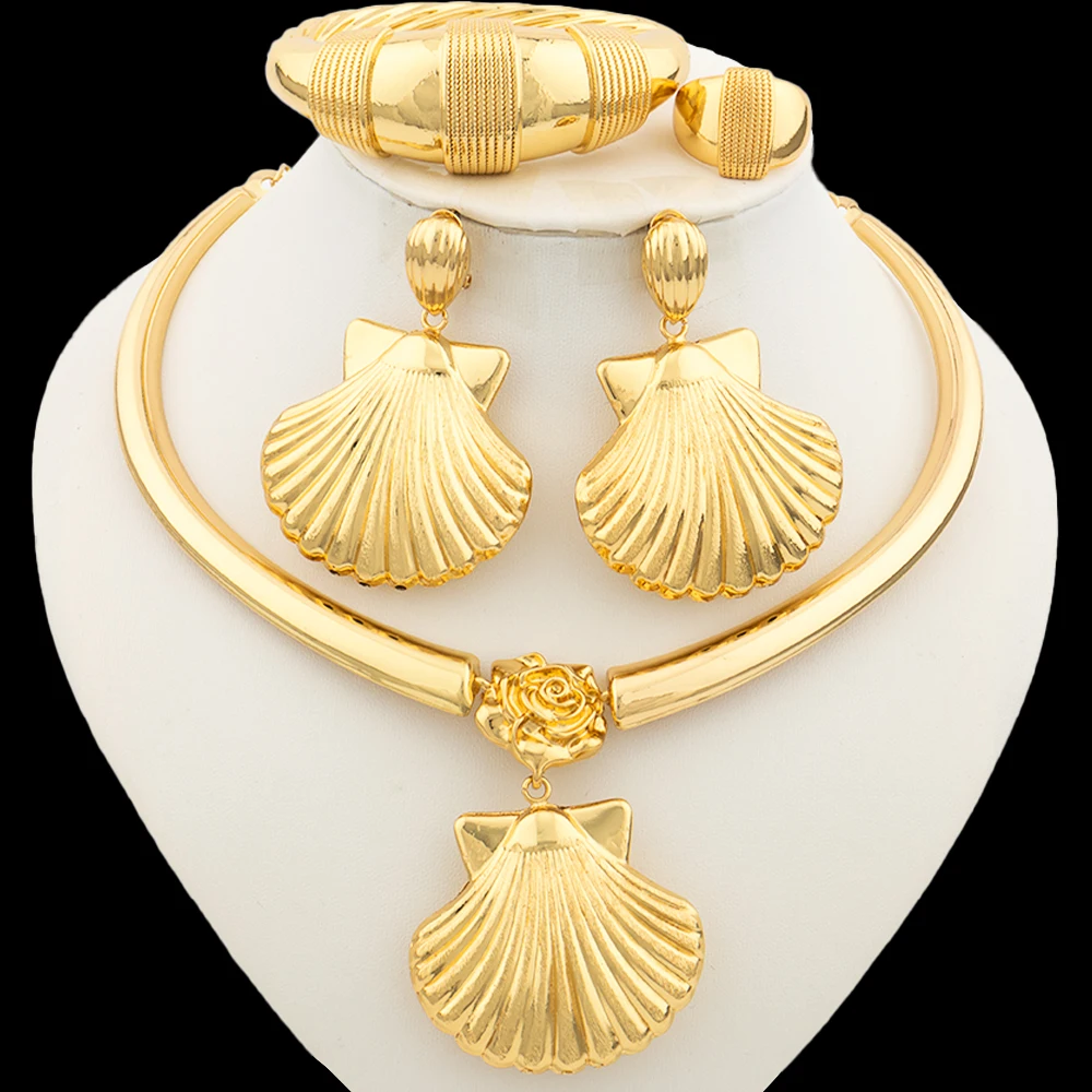 Dubai African Copper Jewelry Set for Women 18k Gold Plated Necklace and Earrings with Bangle Ring Shell Design Jewelry Accessory
Dubai African Copper Jewelry Set for Women 18k Gold Plated Necklace and Earrings with Bangle Ring Shell Design Jewelry Accessory