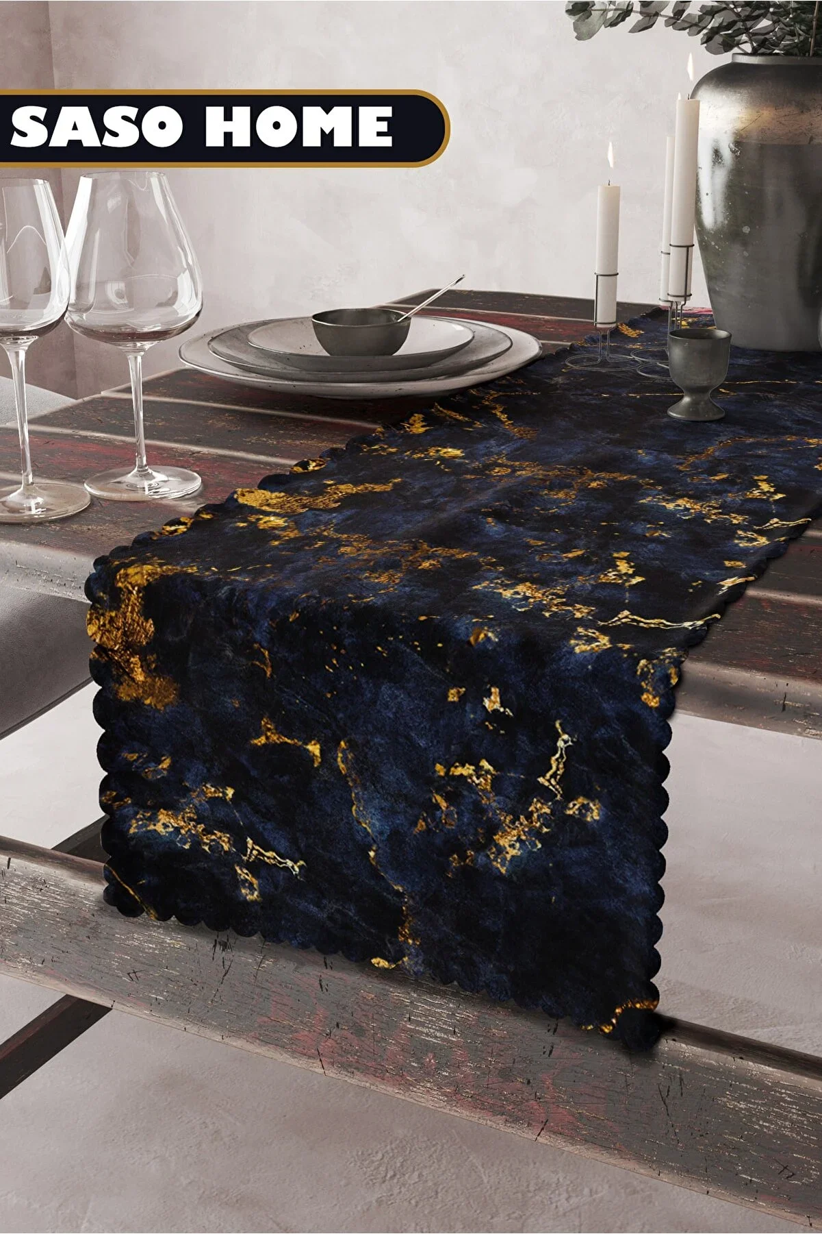 

Navy Blue Gray Sodalite Marble Patterned Quality Runner Table Cloth Italian Velvet Fabric 45x140 Cm Decorative Gift Home Runner