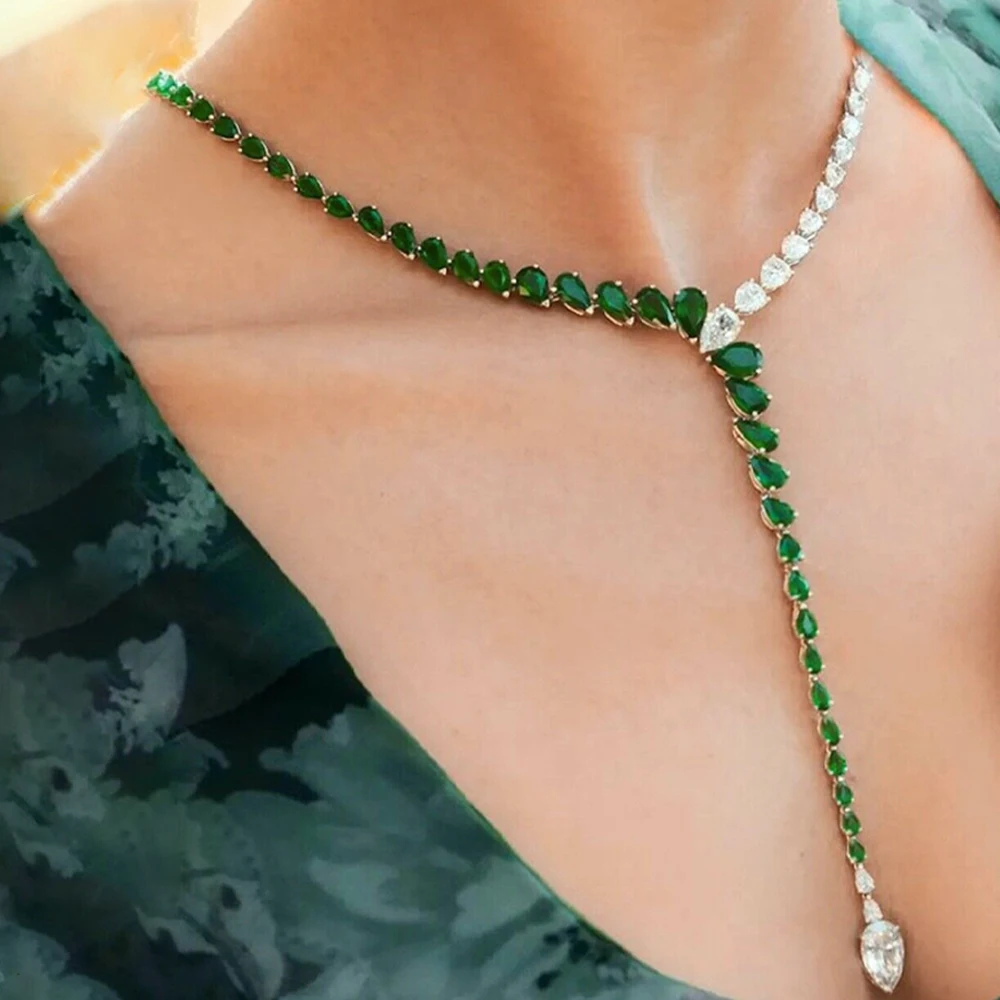 

Роскошное ожерелье с зелеными кристаллами в форме капли воды, длинный кулон для женщин, летние свадебные аксессуары, свадебное ожерелье с кристаллами, ювелирные изделия в подарок