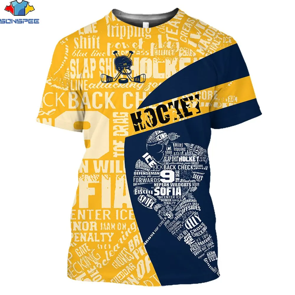 

SONSPEE Ice Hockey T Shirt Goalie Calligram Sports Sticks Puck Winter Skating T-Shirts Men Short Sleeved Fun Cotton Tops Summer