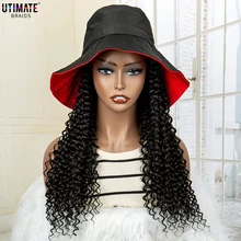 14 Inches Red Bucket Hat with Synthetic Curly Hair Natural Color Hair Machine Made Curly Wave Wig Hat for Women Daily Use
