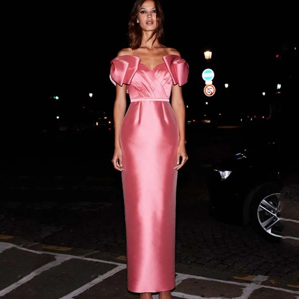 

Розовые атласные вечерние платья с V-образным вырезом, 2022, вечерние платья с рюшами, платье до щиколотки с открытыми плечами для гостей свадь...