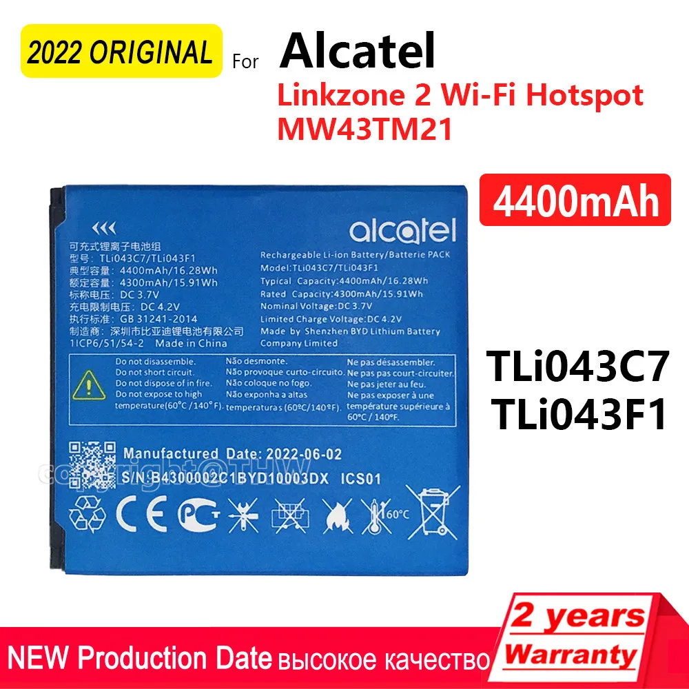 100% Original 4400mAh TLi043C7 TLi043F1 Battery For Alcatel Linkzone 2 Wi-Fi Hotspot MW43TM21 Replacement Batteria+Traking Code
100% Original 4400mAh TLi043C7 TLi043F1 Battery For Alcatel Linkzone 2 Wi-Fi Hotspot MW43TM21 Replacement Batteria+Traking Code