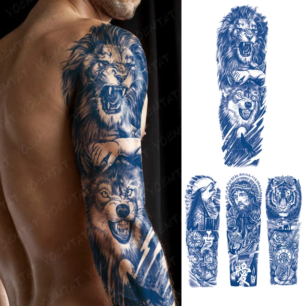

Полуперманентная травяная татуировка на большие руки, водостойкие Временные татуировки с Львом, волком, Луной для рук, наклейки, стойкие искусственные татуировки для женщин и мужчин