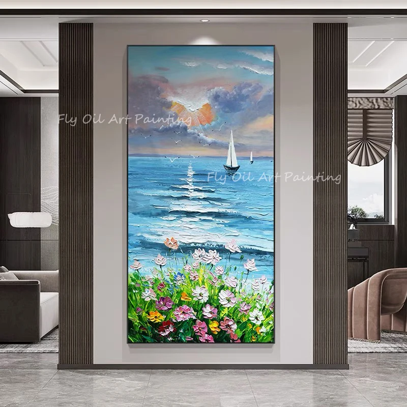 

100% ocean landscape large size oil painting abstract modern canvas blue art sitting room adornment decoration as a gift