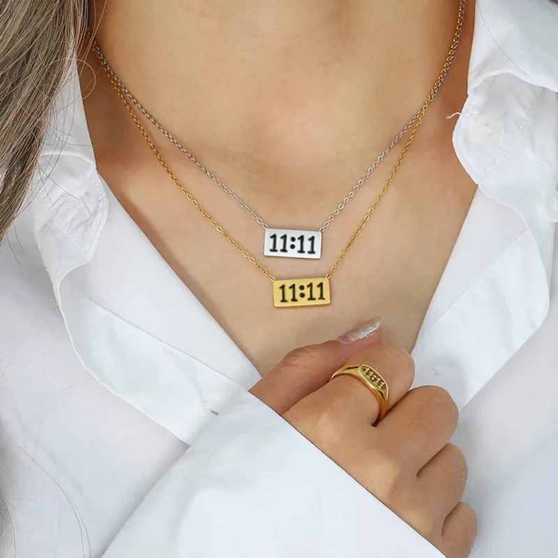 

2022 Rectangle Angel Number 11:11 Necklace For Women lucky 1111 Choker Necklace Stainless Steel Jewelry Make A Wish Gift For Her