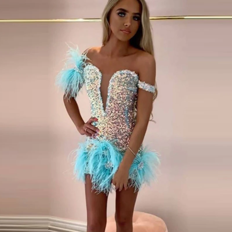 Sparkly Blue Cocktail Dresses Feather Off The Shoulder Beading Women Prom Dress Birthday Gowns For Photos
Sparkly Blue Cocktail Dresses Feather Off The Shoulder Beading Women Prom Dress Birthday Gowns For Photos