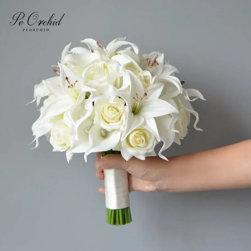 

PEORCHID Ivory Bridal Bouquets Real Touch Faux Calla Lilies Artificial Tiger Lily Roses Wedding Decoration Bride Flower Bouquets