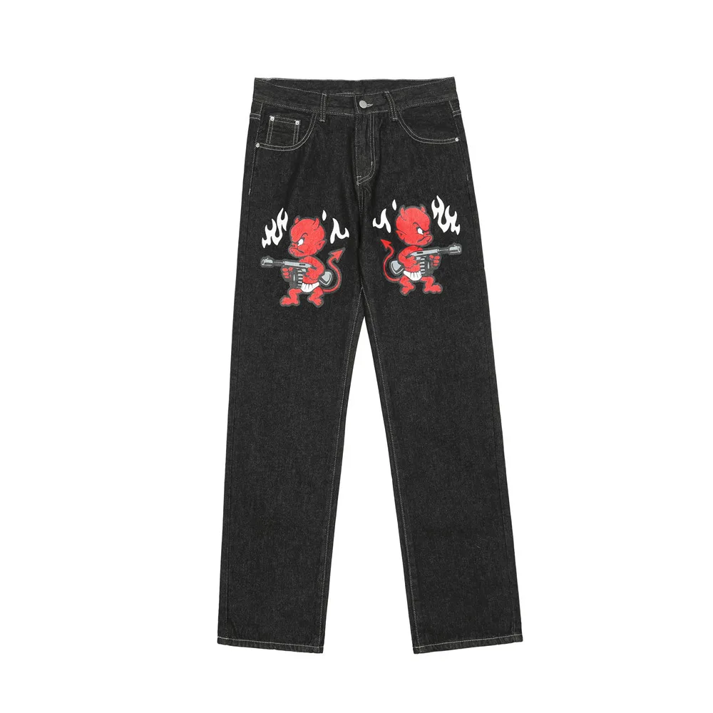 

Harajuku Cartoon Letter Print Straight Casual Denim Pants Mens Washed Y2K Style Ripped Jeans Baggy Streetwear Jean Pantalones