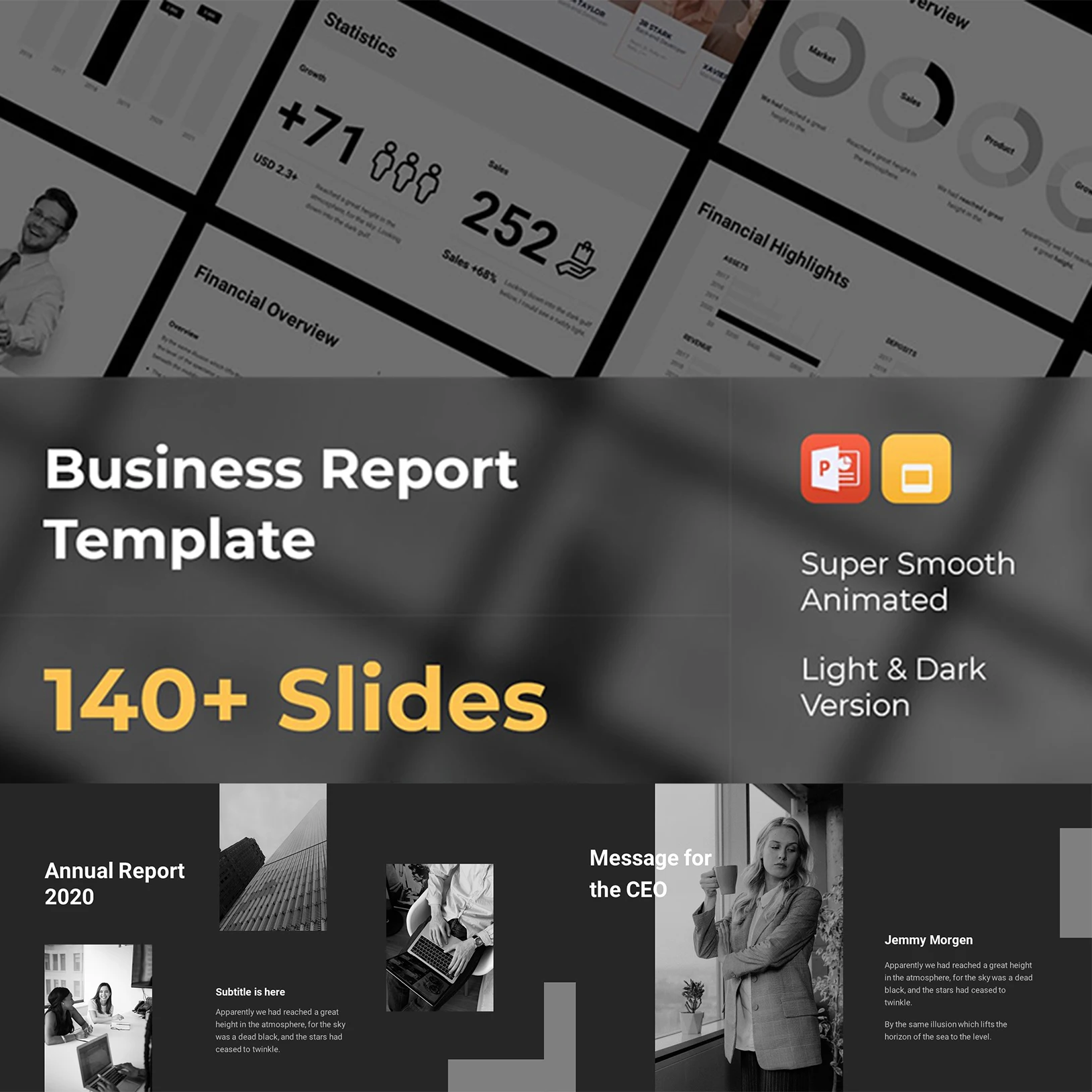 Годовой отчёт, презентация делового отчета для Powerpoint Keynote GoogleSlides, шаблон, темная светильник лая модель
Годовой отчёт, презентация делового отчета для Powerpoint Keynote GoogleSlides, шаблон, темная светильник лая модель