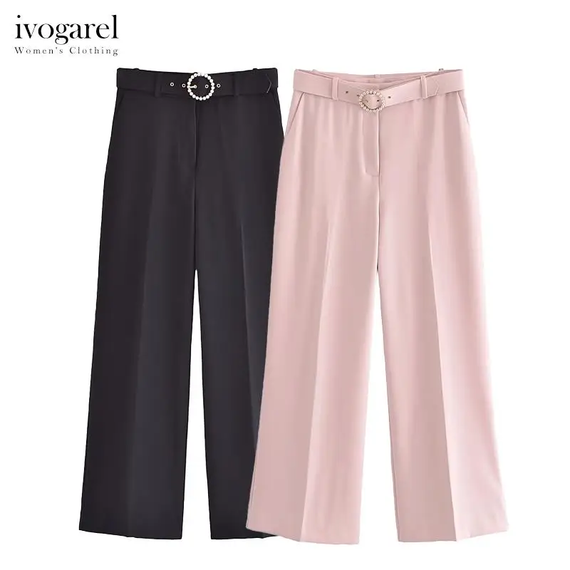 

Ivogarel Faux Pearl Embellished Belted Culottes Women's High-Waist Trousers with Front Pockets Wide Legs Traf y2k Clothes