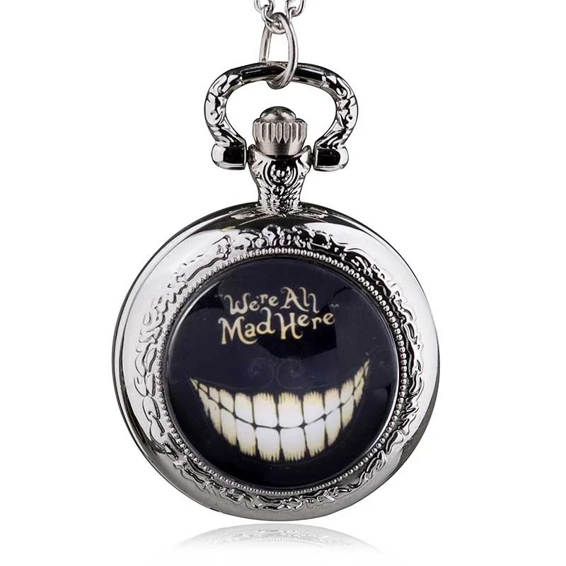 

Fashion New Alice Theme We're All Mad Here Quartz Pocket Watch Analog Pendant Necklace Mens Womens Gift reloj de bolsillo