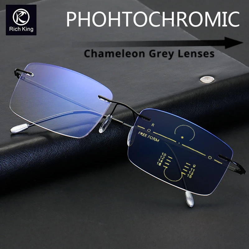 

Ultralight Rimless Progressive Multifocal Photochromic Reading Glasses Unisex Anti-Blue Rays Titanium Presbyopic Eyeglasses 1.5