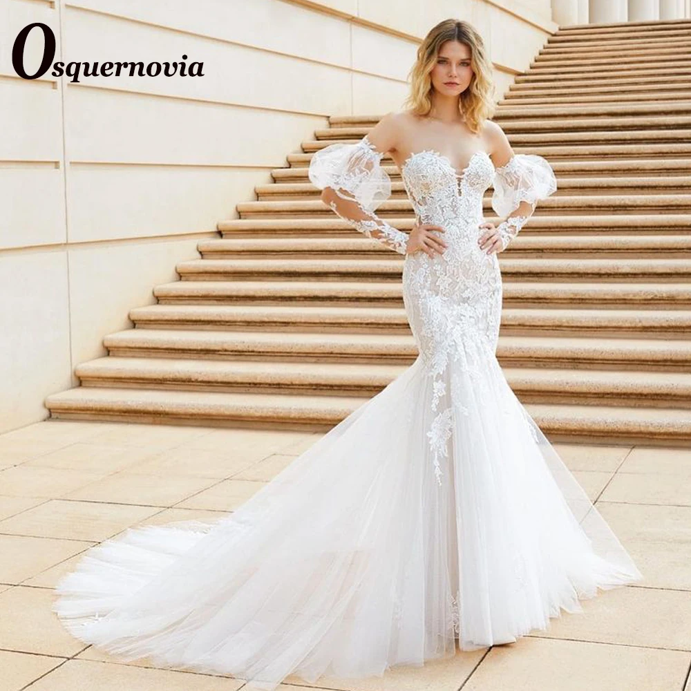 

Osquernovia Luxury Wedding Dress Mermaid Sweetheart Lace Appliques Detachable Sleeves Backless 2023 Illusion Vestido De Noiva