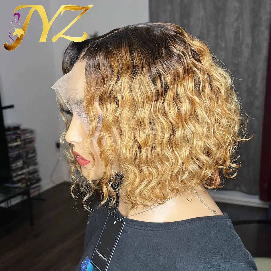 

Ombre Colored Short Curly Bob Wig Wet And Wavy Water Wave Wig Malaysian Honey Blonde 13x4 Lace Front Human Hair Wigs For Women