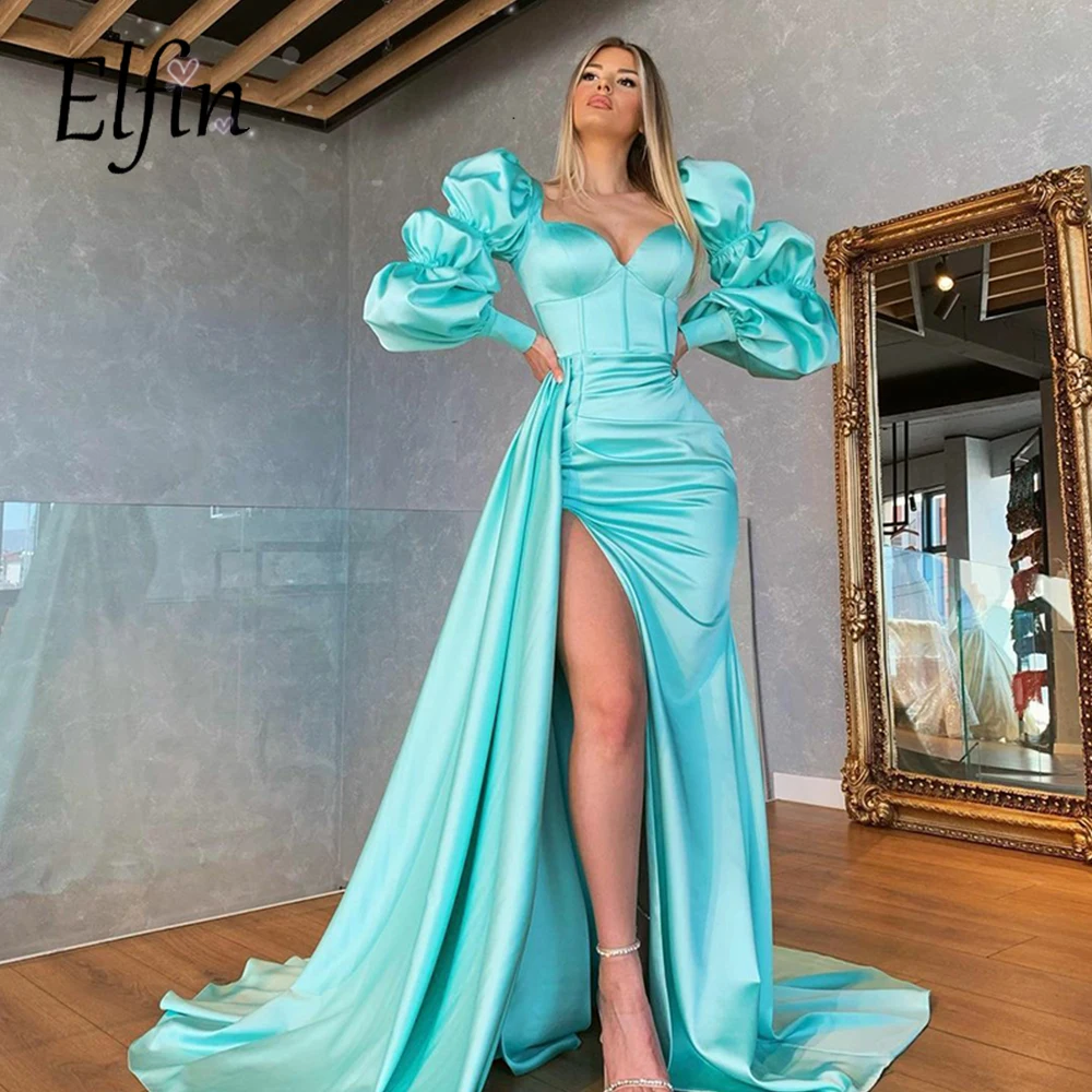 Elfin Light Blue Satin Mermaid Evening Dress Formal Party Gowns Long Sleeves Saudi Arabic Silt Long Women Prom Dress
Elfin Light Blue Satin Mermaid Evening Dress Formal Party Gowns Long Sleeves Saudi Arabic Silt Long Women Prom Dress