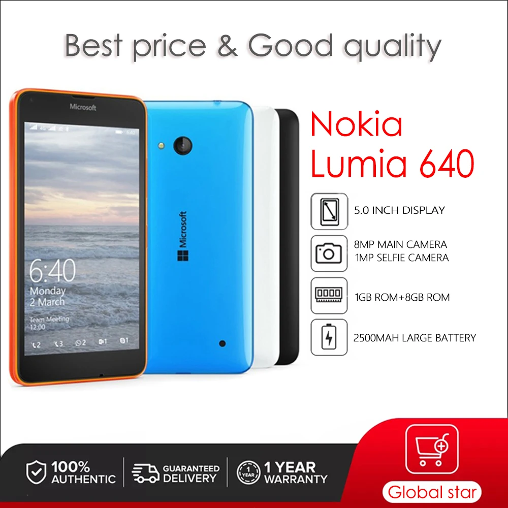 

Nokia Lumia 640 Original Unlocked Windows Mobile Phone 5.0 inches 2500mAh 8MP 1GB RAM 8GB ROM 3G High Quality Cellphone