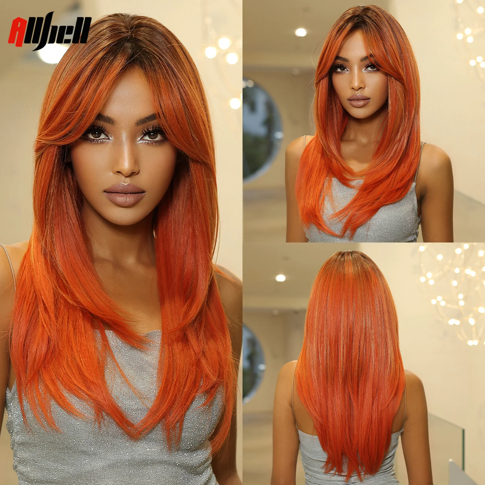 

Long Layered Synthetic Wigs Orange Red Straight Bang Ombre Wig With Dark Roots Heat Resistant for Black Women Halloween Cosplay