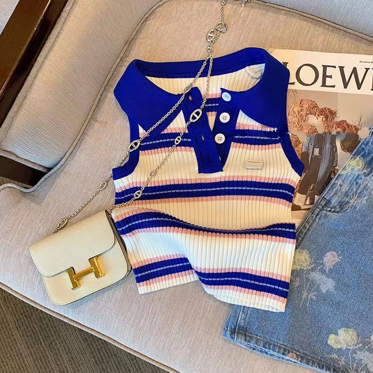 

Blue Stripe Women Polo Halter Tops Sexy Y2K Crop Tops Stripes Knitted Backless Strappy Women Cute Bandage Crop Tops