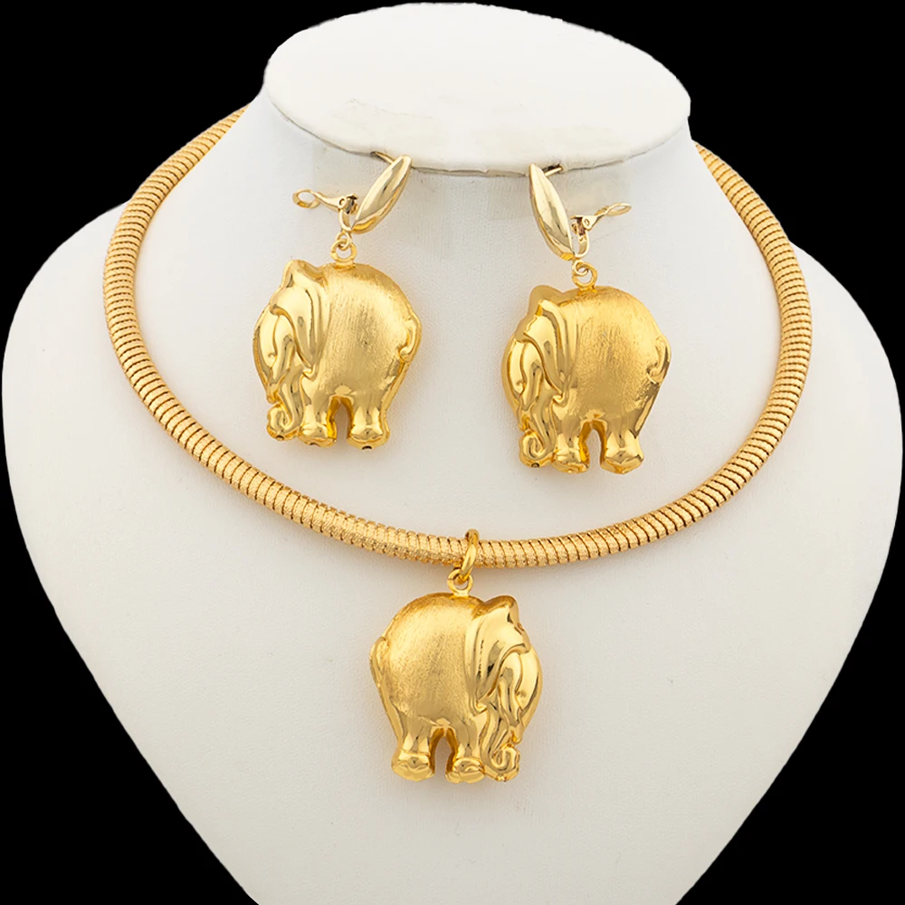 Brazilian Gold Color Jewelry Set for Women Elephant Design Hoop Earrings and Pendant Necklace 2Pcs Set for African Daily Wear
Brazilian Gold Color Jewelry Set for Women Elephant Design Hoop Earrings and Pendant Necklace 2Pcs Set for African Daily Wear