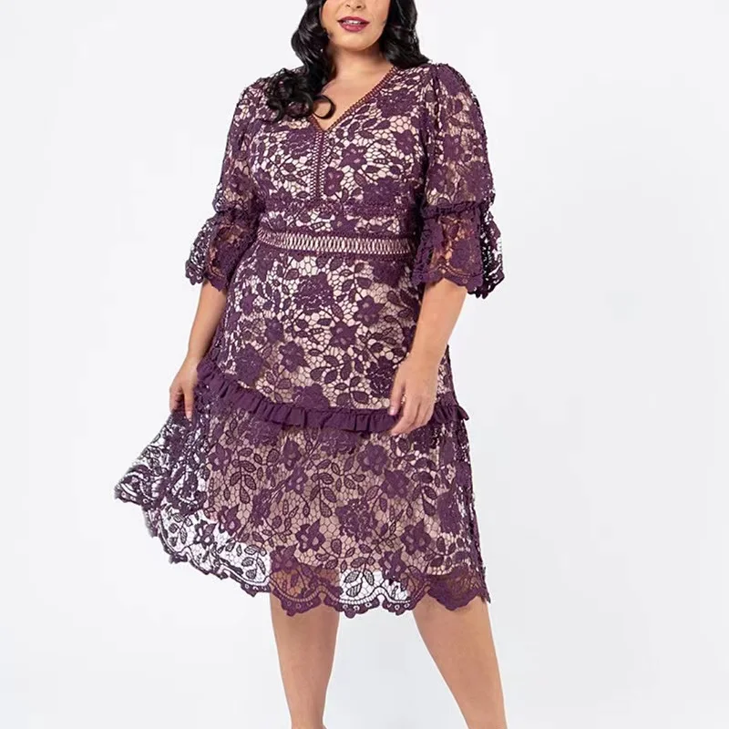 V-Neck Short Sleeve Purple Plus Size Lace Dress Loose Elegant Commuter Party Midi Dress
V-Neck Short Sleeve Purple Plus Size Lace Dress Loose Elegant Commuter Party Midi Dress