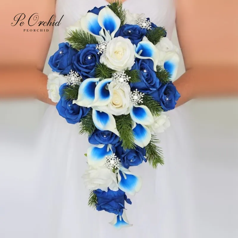 

PEORCHID Christmas Winter Bridal Silk Flowers Cascade Wedding Bouquet Blue Artificial Pine Tree Snow Brooches Bouquet Waterfall